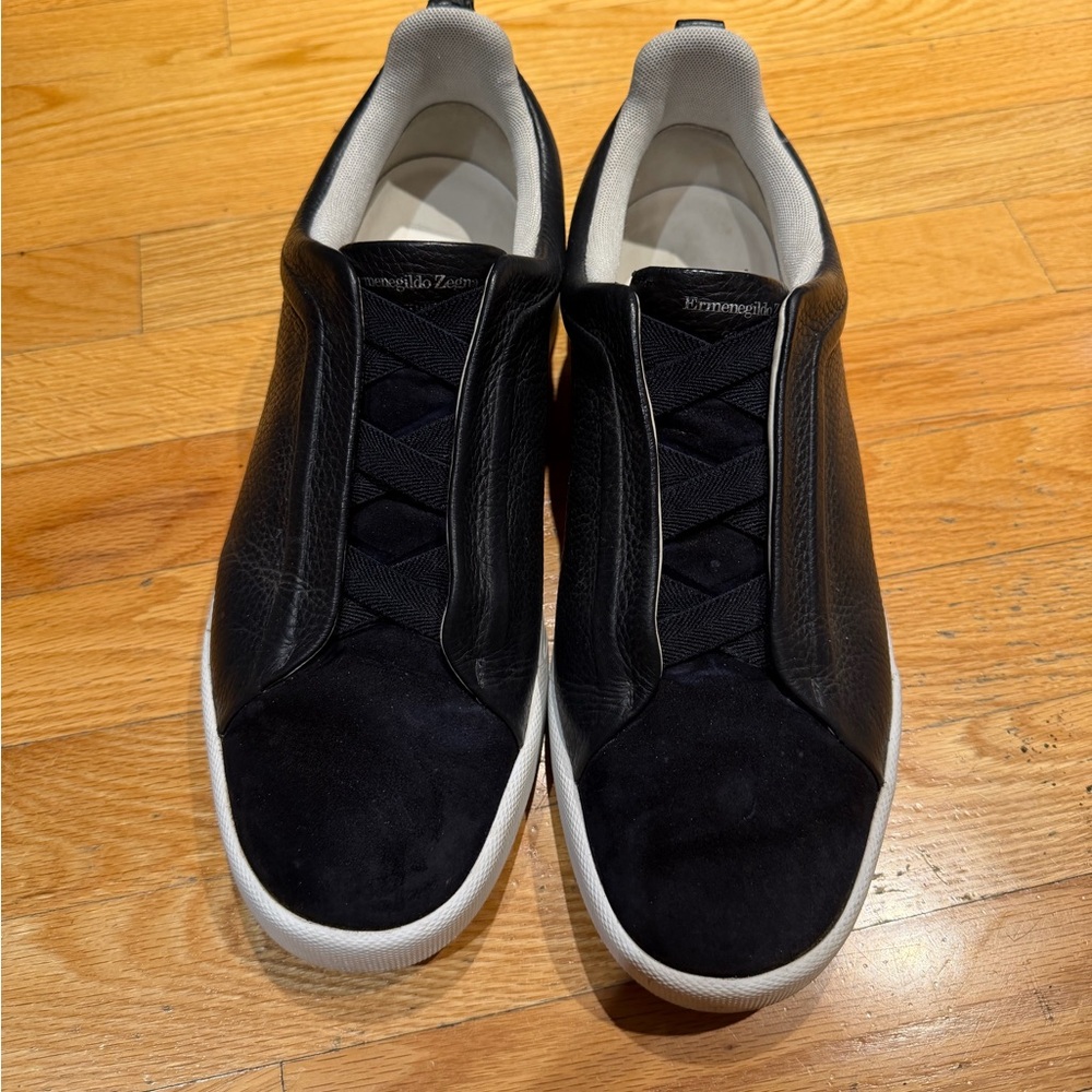 Ermenegildo Triple Stitch Zegna Navy Leather Sneakers with White Soles
